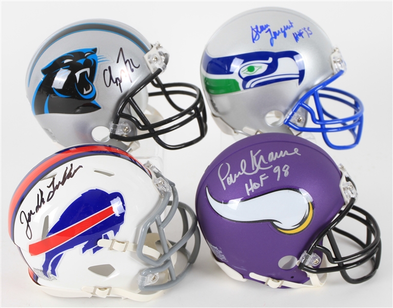 2000s Signed Mini Helmet Collection - Lot of 4 w/ Christian McCaffrey, Steve Largent, Paul Krause & Joe DeLamielleure (Beckett)