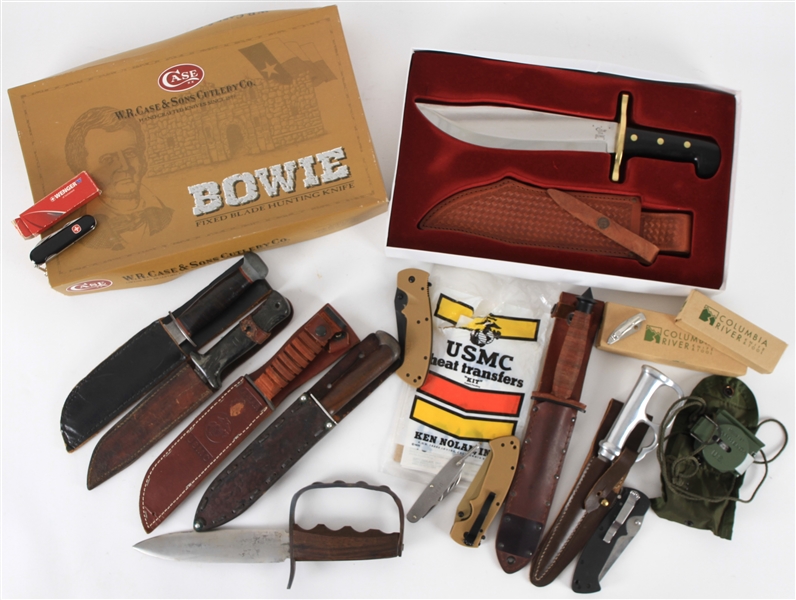 1920s-2000s Knife Collection - Lot of 16 w/ Bowie Knife, USMC Knife, Pocket Knives & More