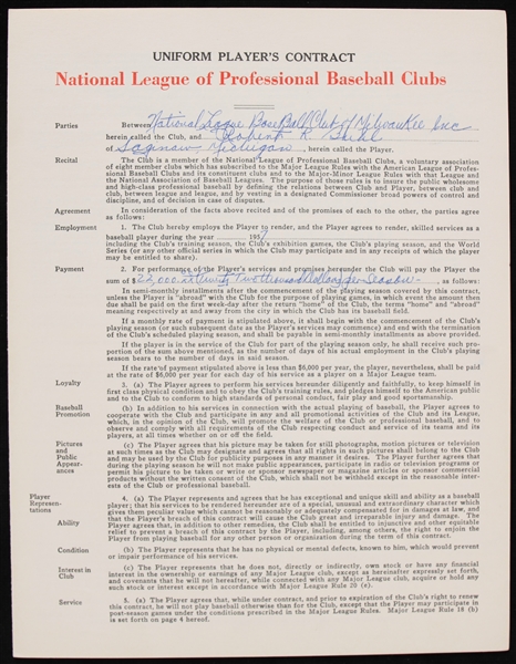 1957 Milwaukee Braves Bob Buhl Signed Uniform Players Contract (JSA)