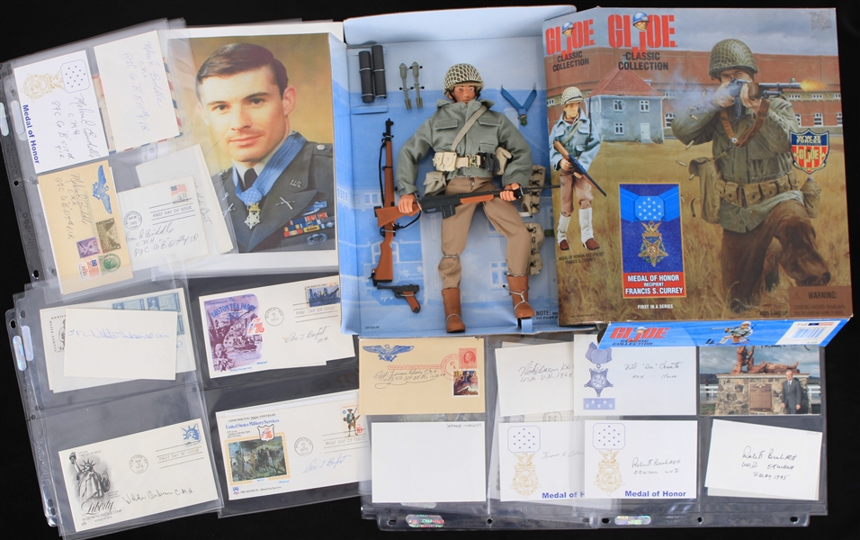 1940s-2000s Military Memorabilia Collection w/ MIB GI Joe Classic Collection Francis S. Currey Medal of Honor Action Figure & Hundreds of Signed Index Cards, Photos & More