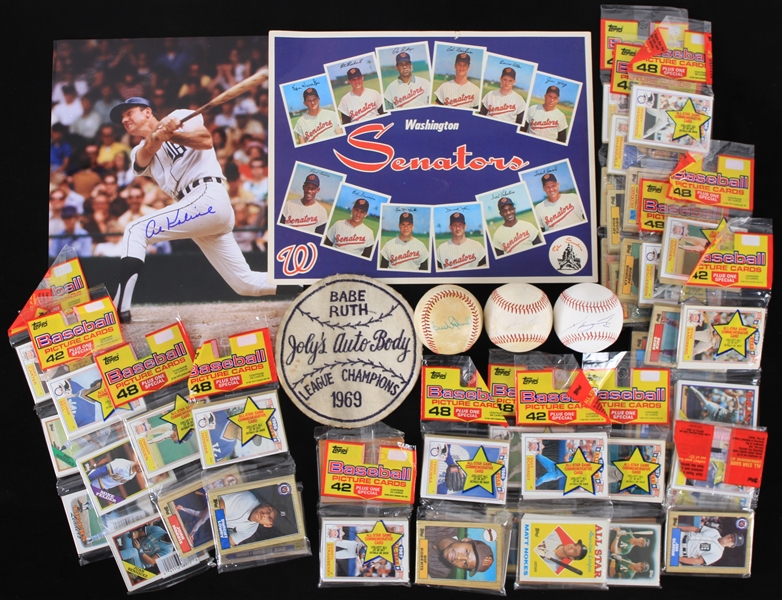 1960s-2000s Baseball Memorabilia Collection - Lot of 22 w/ Unopened Rack Packs, Al Kaline Signed Photo, Signed Baseballs & More 
