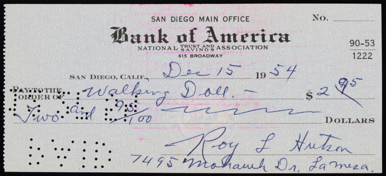 1954 Roy Hutson Brooklyn Robins Signed Check (JSA)
