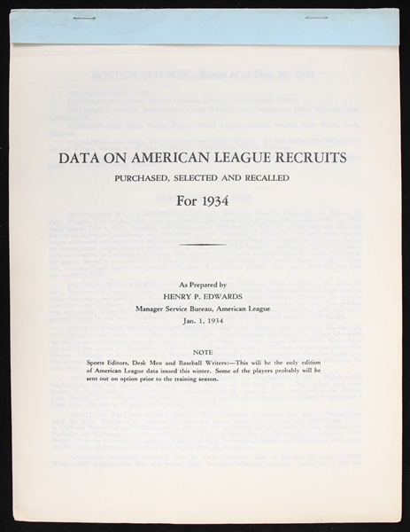 1934 Data on American League Baseball Recruits: Purchased, Selected and Recalled by Henry P. Edwards 