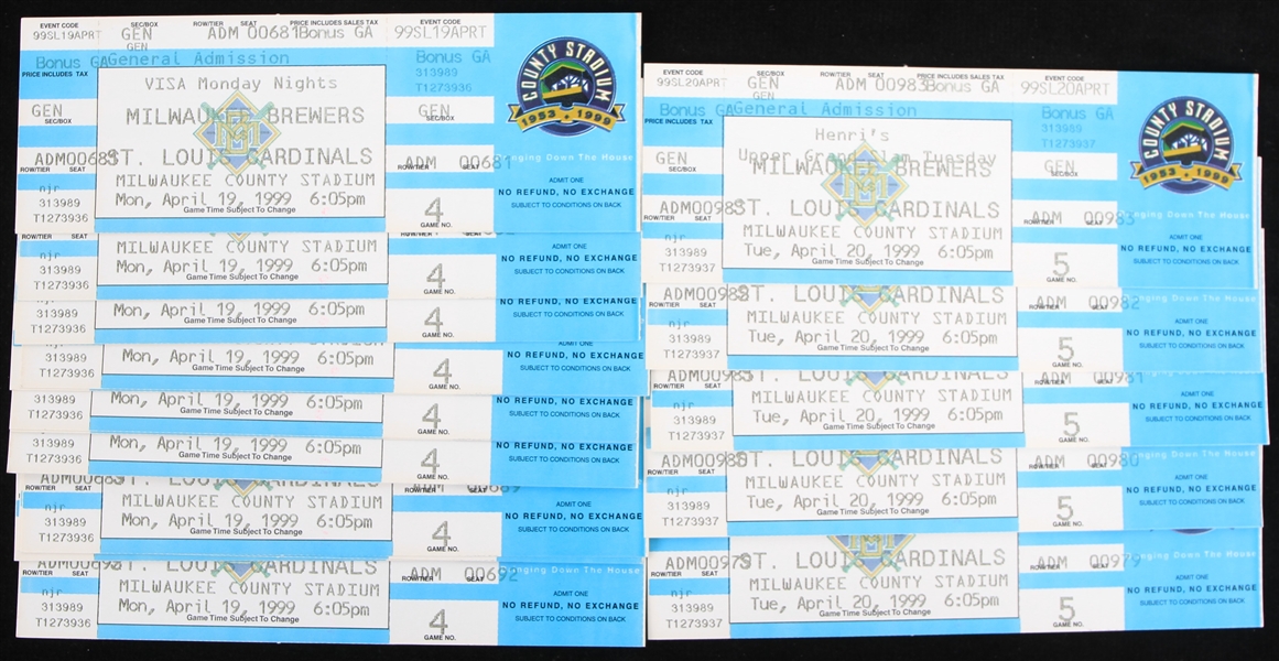 1999 Milwaukee Brewers vs St. Louis Cardinals County Stadium Full Tickets (Lot of 16)