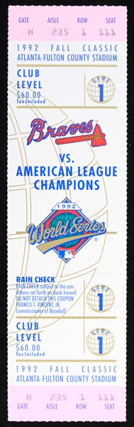 1992 Atlanta Braves vs Toronto Blue Jays World Series Full Ticket 