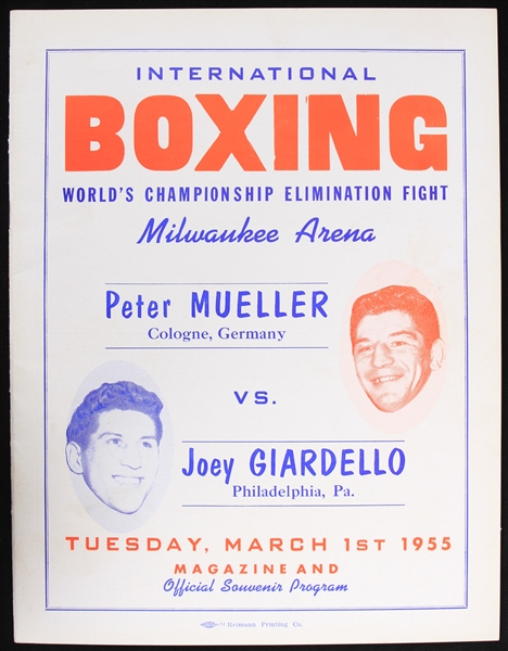 1955 Joey Giardello Peter Mueller Milwaukee Arena International Boxing Worlds Championship Elimination Fight Program 