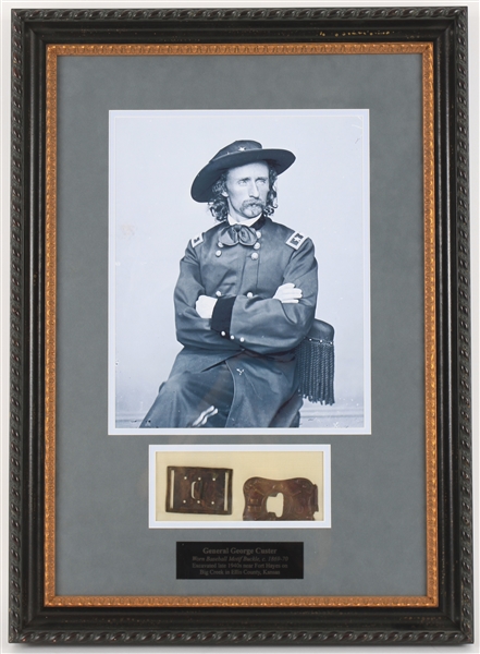 1869-70 General George Custer 20" x 28" Framed Display w/ Belt Buckle Excavated Near Fort Hayes