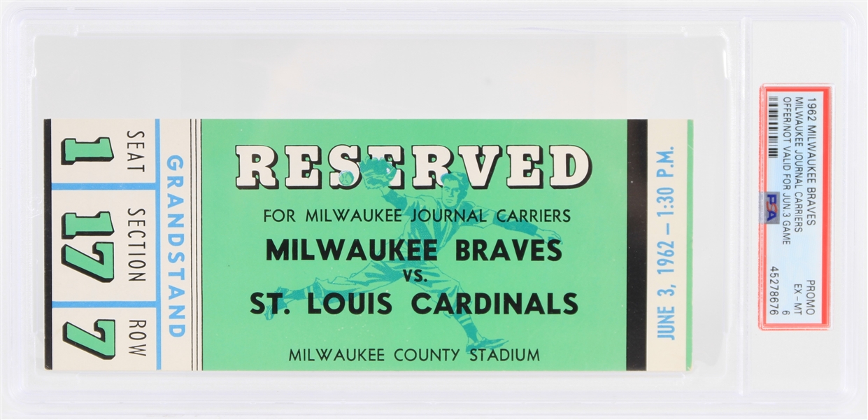 1962 Milwaukee Braves Milwaukee Journal Carriers Promo Ticket (PSA EX-MT 6)