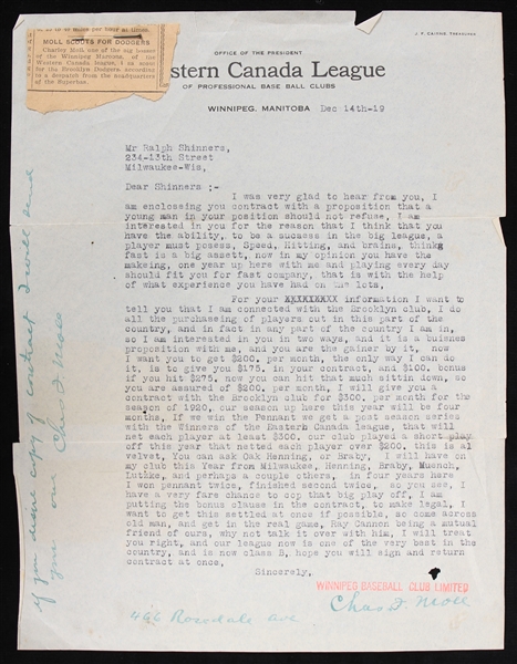1919 Charley Moll Brooklyn Dodgers Scout Signed Letter 