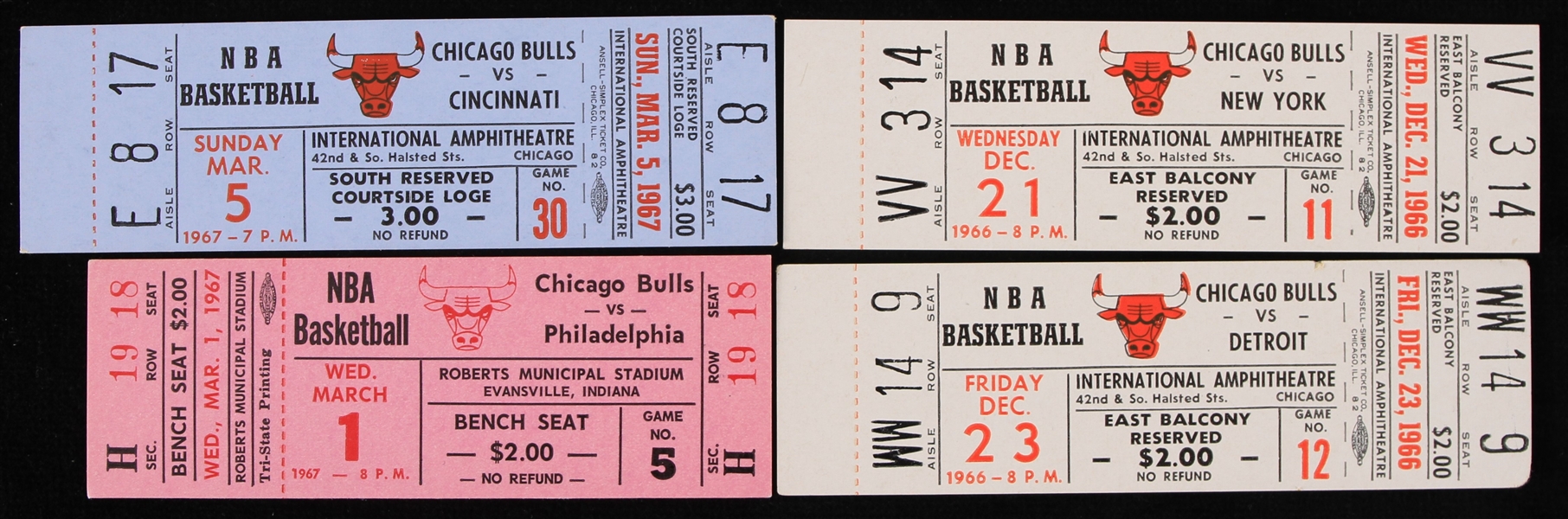 1966-1967 Chicago Bulls Full Tickets (Lot of 4)