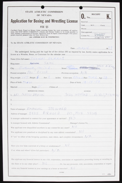 1979 Thomas Hearns World Champion Boxer Signed Nevada State Athletic Commission License Application