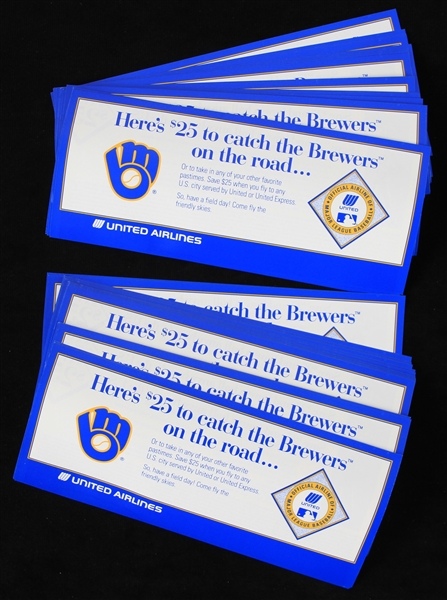 1992 Milwaukee Brewers United Airlines 3.5" x 8.5" Vouchers (Lot of 63)