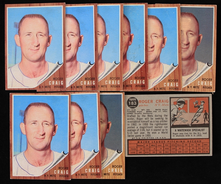 1962 Roger Craig New York Mets Topps #183 Baseball Trading Cards - Lot of 9