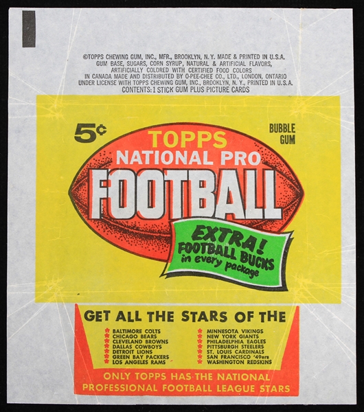 1962 Topps National Pro Football 5 Cent Wax Pack Wrapper
