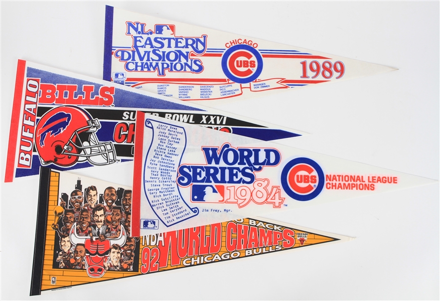 1980s-1990s Chicago Cubs, Chicago Bulls, Buffalo Bills, Super Bowl XXVII Full Size Pennants (Lot of 7)