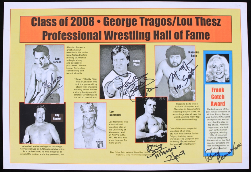 2008 Roddy Piper, Abe Jacobs, Masaniro Saito, Stu Hart, Penny Banner Signed Professional Wrestling Hall of Fame 13x19 Poster (JSA)