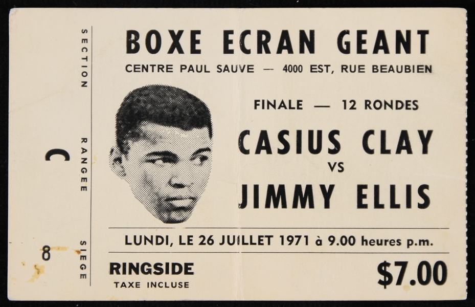 1971 (July 26) Cassius Clay Jimmy Ellis Heavyweight Title Bout French Language Closed Circuit Viewing Ticket