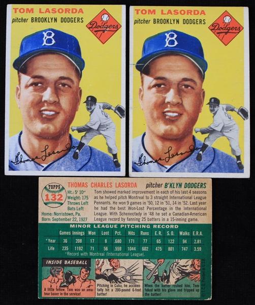 1954 Tommy Lasorda Brooklyn Dodgers Topps #132 Rookie Baseball Trading Cards - Lot of 3