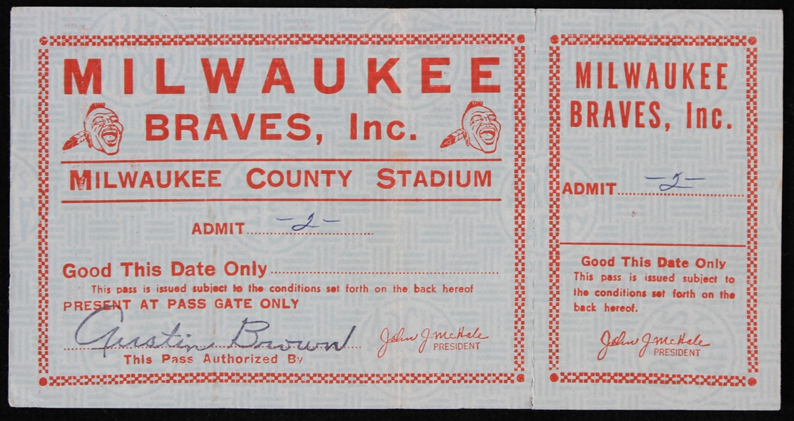 1953-65 Milwaukee Braves Milwaukee County Stadium Pass
