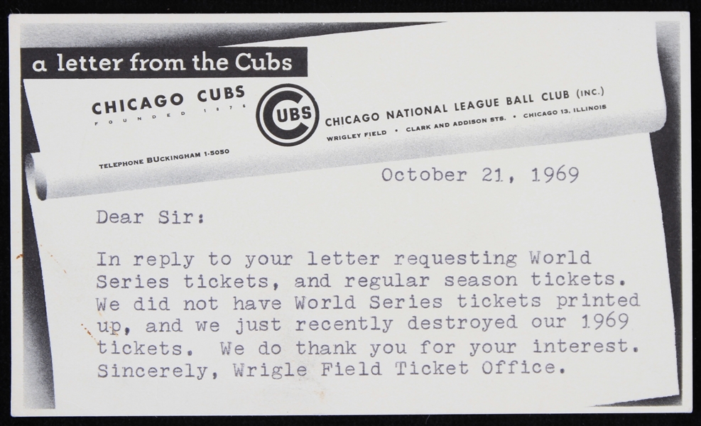 1969 Chicago Cubs World Series Ticket Request Card