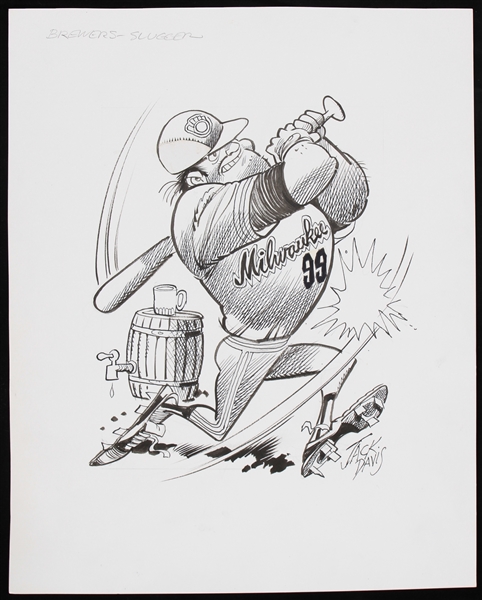 1980s Milwaukee Brewers Slugger 11.5" x 14.5" Signed Jack Davis Illustration (JSA)