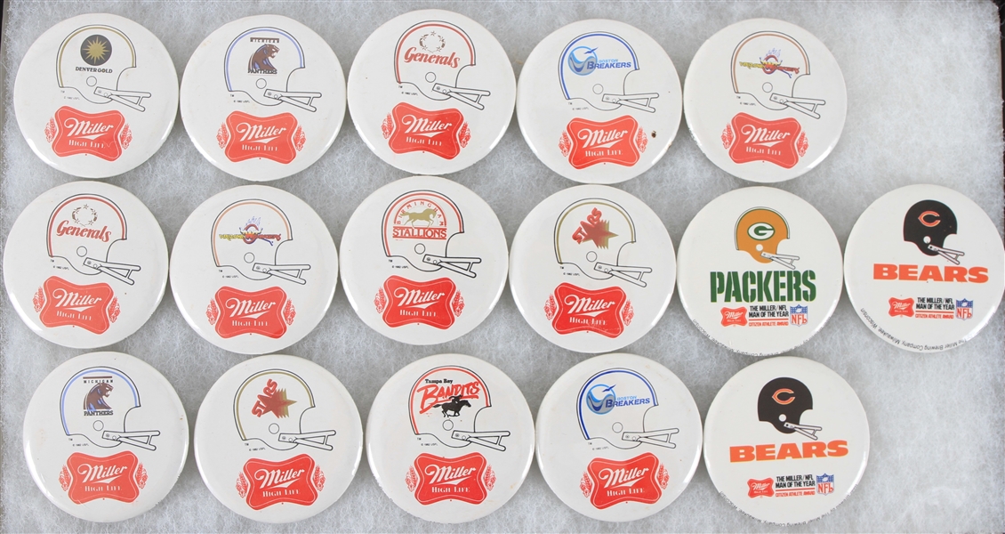 1983 Green Bay Packers, Chicago Bears and more Miller High Life 2 1/4" Pinback Buttons (Lot of 16)