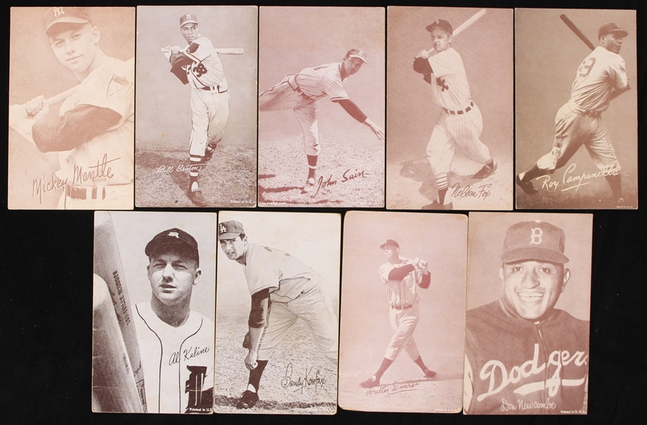 1950s-60s Baseball 3.25" x 5.25" Exhibit Cards - Lot of 9 w/ Mickey Mantle, Sandy Koufax, Roy Campanella & More
