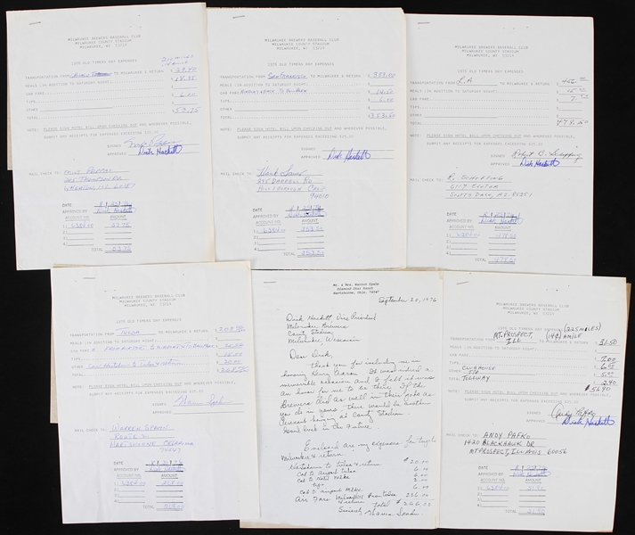 1976 Milwaukee Brewers Signed Old Timers Expenses Including Warren Spahn, Milt Pappas, Andy Pafko & more (Lot of 6) 