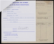 1976 Milwaukee Brewers Signed Old Timers Expenses Including Warren Spahn, Milt Pappas, Andy Pafko & more (Lot of 6) 