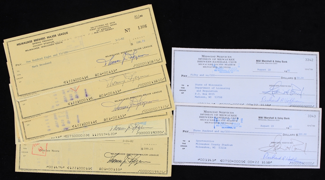 1982 Milwaukee Brewers Signed Checks Including Don Money, Bob Gibson, Bob McClure and more (Lot of 13)