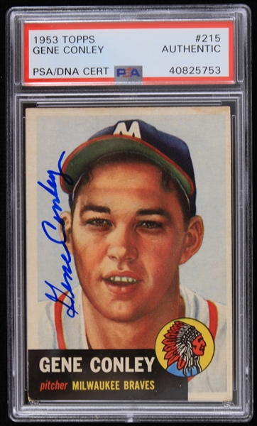 1953 Gene Conley Milwaukee Braves Signed Topps #215 Trading Card (PSA/DNA Slabbed)
