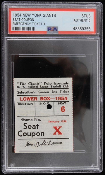 1954 New York Giants Seat Coupon Emergency Ticket Stub (PSA Slabbed) 
