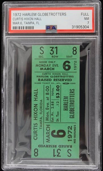 1972 Harlem Globetrotters Curtis Hixon Hall Full Ticket (PSA NM 7)