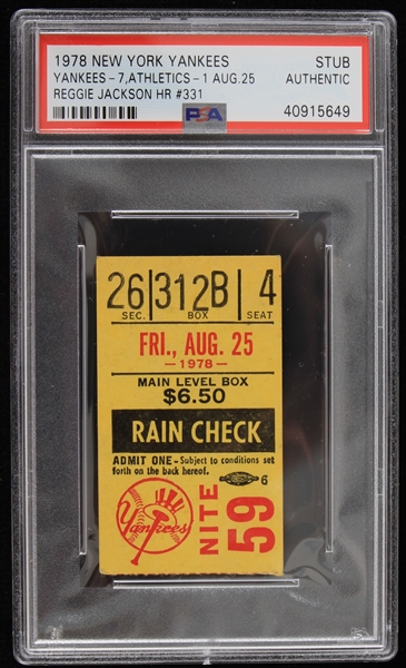 1978 New York Yankees vs Athletics Reggie Jackson HR #331 Ticket Stub (PSA Slabbed)
