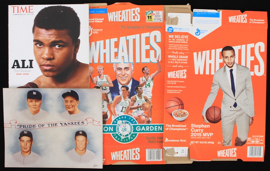 1960s-2000s Sports Memorabilia Collection - Lot of 6 w/ New York Yankees Photos, Basketball Wheaties Boxes & Muhammad Ali Magazine