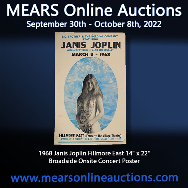 1968 Janis Joplin Fillmore East 14" x 22" Broadside Onsite Concert Poster