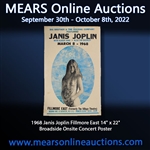 1968 Janis Joplin Fillmore East 14" x 22" Broadside Onsite Concert Poster