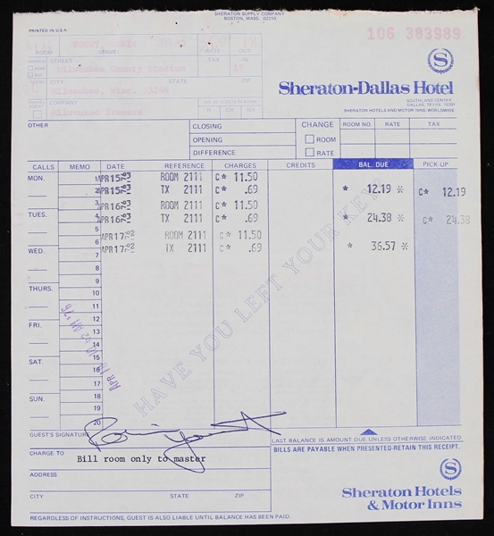 1976 Robin Yount Milwaukee Brewers Signed Sheraton-Dallas Hotel Receipt (JSA)