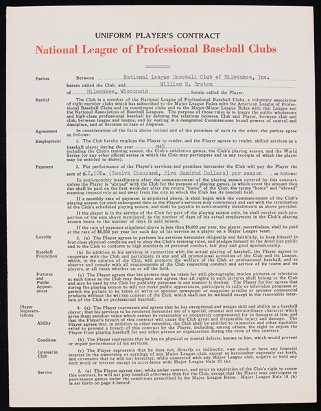 1955 Bill Bruton Milwaukee Braves Signed Uniform Players Contract (JSA)
