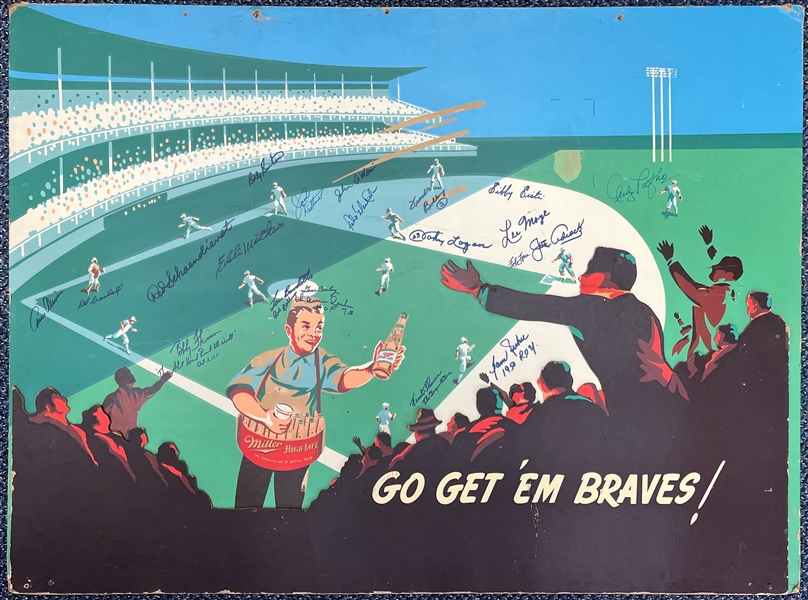 1950s Milwaukee Braves Multi Signed "Go Get Em Braves!" 35" x 47" Miller Beer Broadside w/ 22 Signatures Including Spahn, Mathews, Crandall & More (JSA)