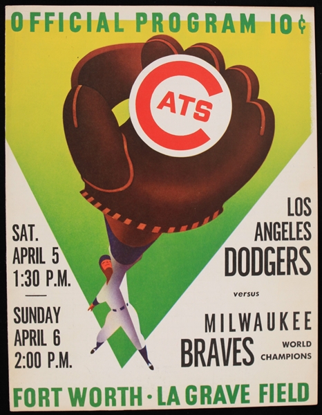 1958 Milwaukee Braves vs Los Angeles Dodgers Fort Worth La Grave Field Unscored Official Program