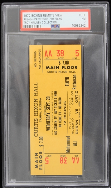 1972 Muhammad Ali vs Floyd Patterson 7th RD. KO Boxing Remote View Full Ticket Troy Kinunen Collection (PSA NM 7)
