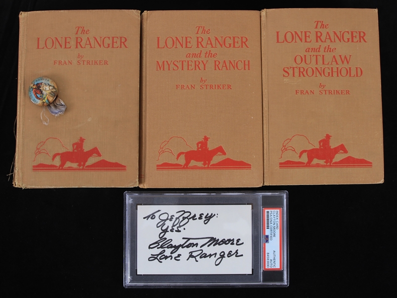 1930s-50s Lone Ranger Memorabilia Collection - Lot of 5 w/ Hardcover Books, Pinback Button & PSA Slabbed Clayton Moore Signed Index Card