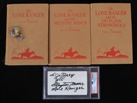 1930s-50s Lone Ranger Memorabilia Collection - Lot of 5 w/ Hardcover Books, Pinback Button & PSA Slabbed Clayton Moore Signed Index Card