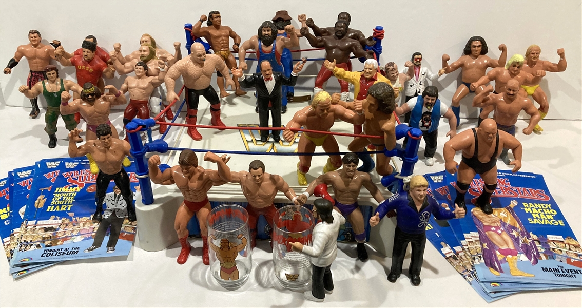 1980s-90s Hulk Hogan Glassware, WWF 18x18 Ring w/ Wrestling Figures Including Andre the Giant, Hulk Hogan and more (Lot of 30+) 