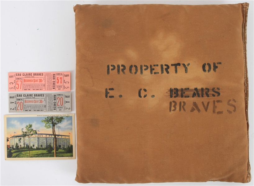 1952 Eau Claire Bears/ 1953 Braves Memorabilia - Lot of 4 w/ Seat Cushion, Tickets & Postcard issued and used during Hank Aarons time with team