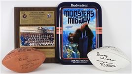 1960s-90s Chicago Bears Memorabilia - Lot of 4 w/ Budweiser Monsters of the Midway 1985 World Champions Tray, 1963 World Champions Team Photo Plaque & Mike Ditka Signed Footballs (JSA)