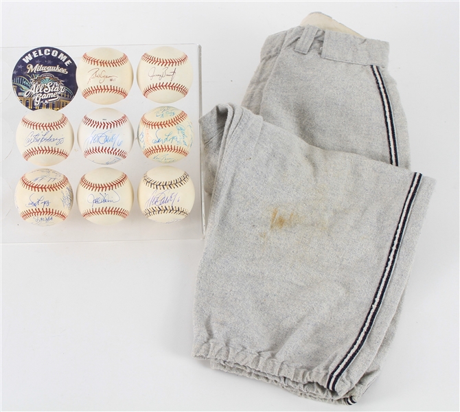 1950s-2000s Baseball Memorabilia Collection - Lot of 10 w/ Signed Baseballs, Flannel Uniform Pants & 2002 All Star Game Pinback