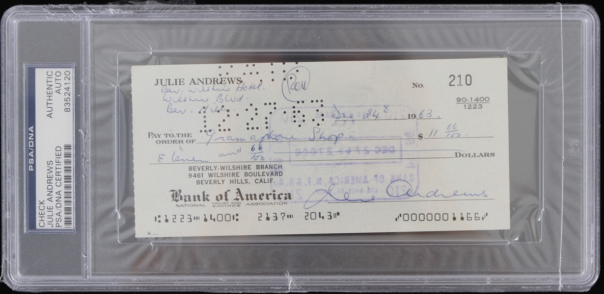 1963 Julie Andrews Signed Check (PSA/DNA Slabbed)