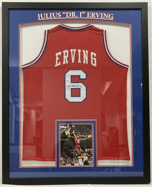 1976-87 Julius Erving Philadelphia 76ers Signed 34x43 Framed Jersey *JSA*